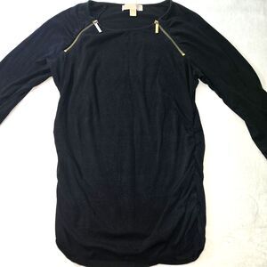 Women’s Medium Michael Kors Black Ruched 3/4 Sleeve Shirt With Gold Zippers